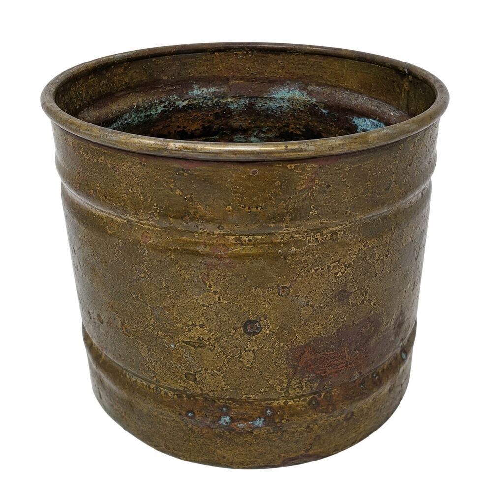 Vintage Solid Brass Cachepot Planter Rustic Aged Patina Heavy Brass Vessel